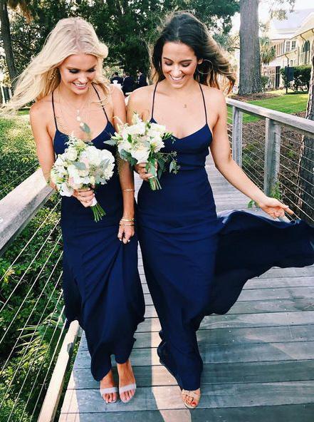 navy blue chiffon v neck spaghetti straps long sheath bridesmaid dresses