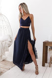 spaghetti straps two piece navy blue prom dress with lace