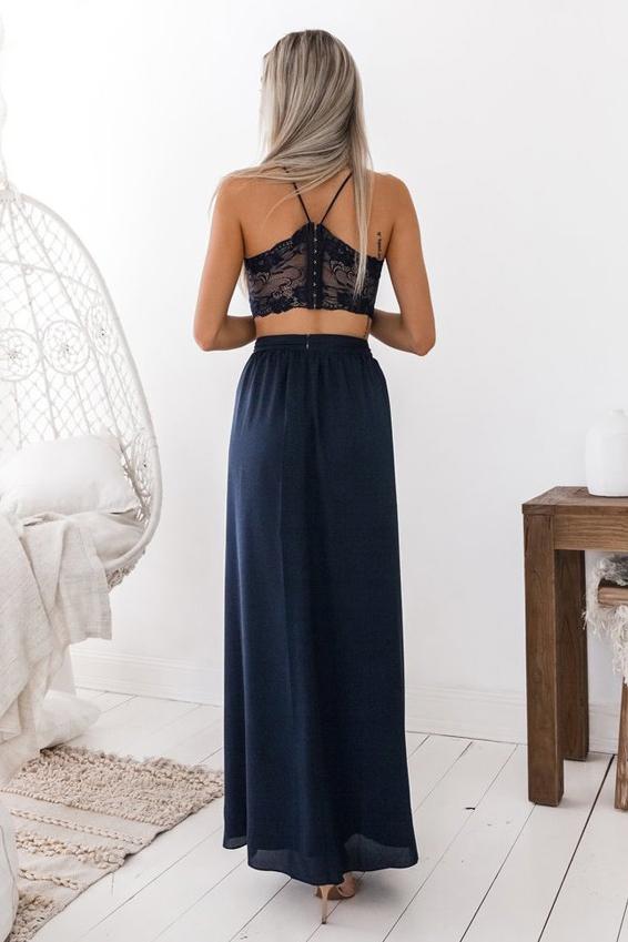 spaghetti straps two piece navy blue prom dress with lace