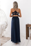 spaghetti straps two piece navy blue prom dress with lace
