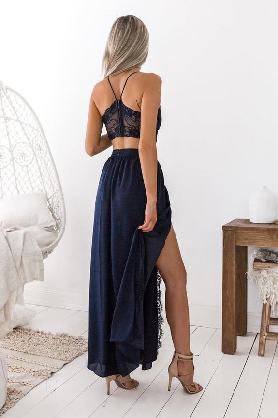 spaghetti straps two piece navy blue prom dress with lace