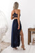 two piece navy blue simple prom dress spaghetti straps with slit