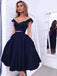 dark navy two piece off the shoulder mid calf prom dress