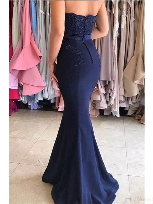 sweetheart lace appliques mermaid prom dresses, navy long bridesmaid dress mp1068