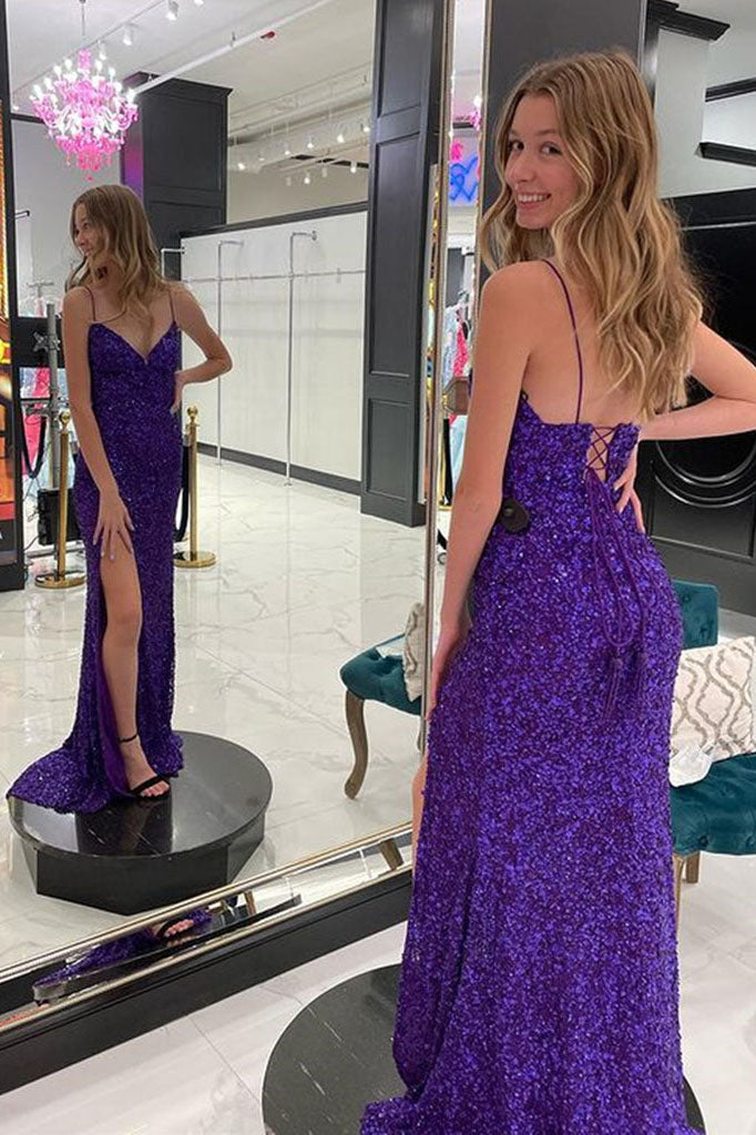 Mermaid V Neck Purple Sequins Long Prom Dresses Formal Evening Dresses GP402