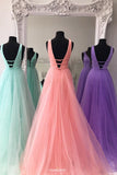 new deep v neck solid tulle a line long prom dress with beading mp746