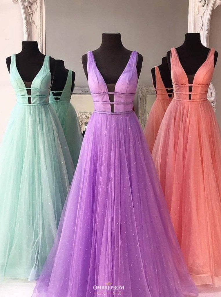 new deep v neck solid tulle a line long prom dress with beading