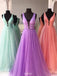 new deep v neck solid tulle a line long prom dress with beading
