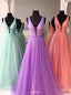 New Deep V-Neck Solid Tulle A-line Long Prom Dress With Beading MP746