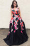 A-line V-neck Floral Print Black Long Prom Dress With Pockets MP726