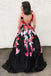 a line v neck floral print black long prom dress with pockets