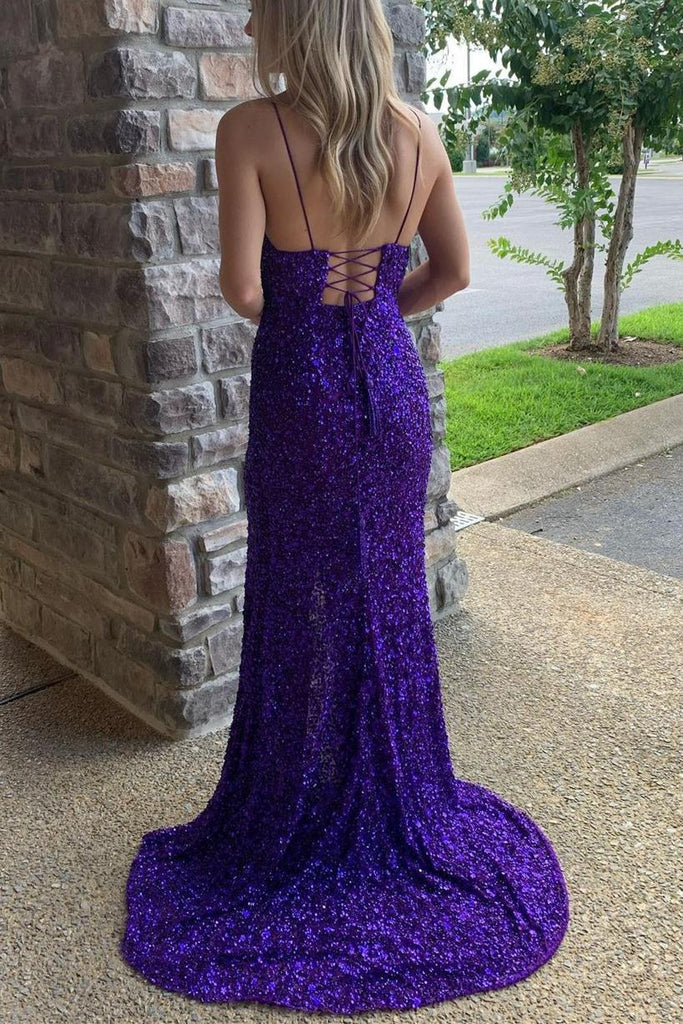 mermaid purple sequins sleeveless prom dress slit long evening gown