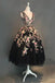 a line v neck black floral tea length prom dresses with beading