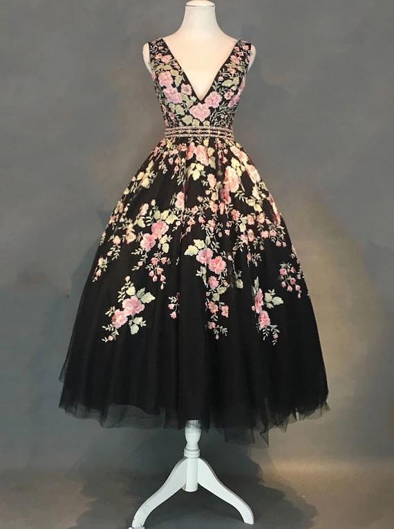 a line v neck black floral tea length prom dresses with beading