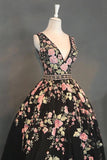 a line v neck black floral tea length prom dresses with beading