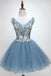 princess dusty blue floral homecoming dress cute short graduation dress