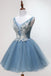 princess dusty blue floral homecoming dress cute short graduation dress