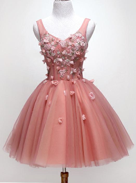 chic floral appliques sweet 16 dress a line v neck peach homecoming dress