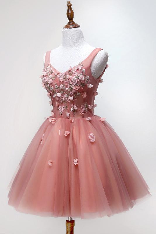 Chic Floral Appliques Sweet 16 Dress, A-line V-neck Peach Homecoming Dress GM88