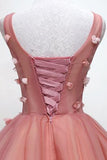 Chic Floral Appliques Sweet 16 Dress, A-line V-neck Peach Homecoming Dress GM88