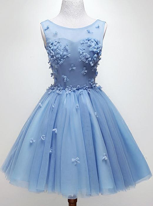 handmade bow light blue homecoming dress tulle graduation dress