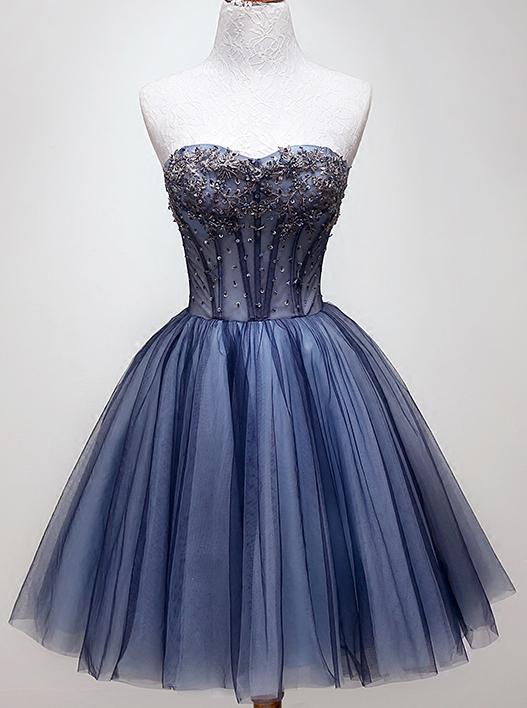 sweetheart beading blue homecoming dress tulle short graduation dress