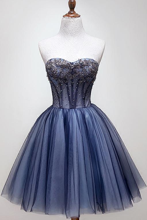 sweetheart beading blue homecoming dress tulle short graduation dress