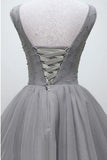 V-neck Beading Silver Short Prom Homecoming Dress Tulle Dance Dress GM84
