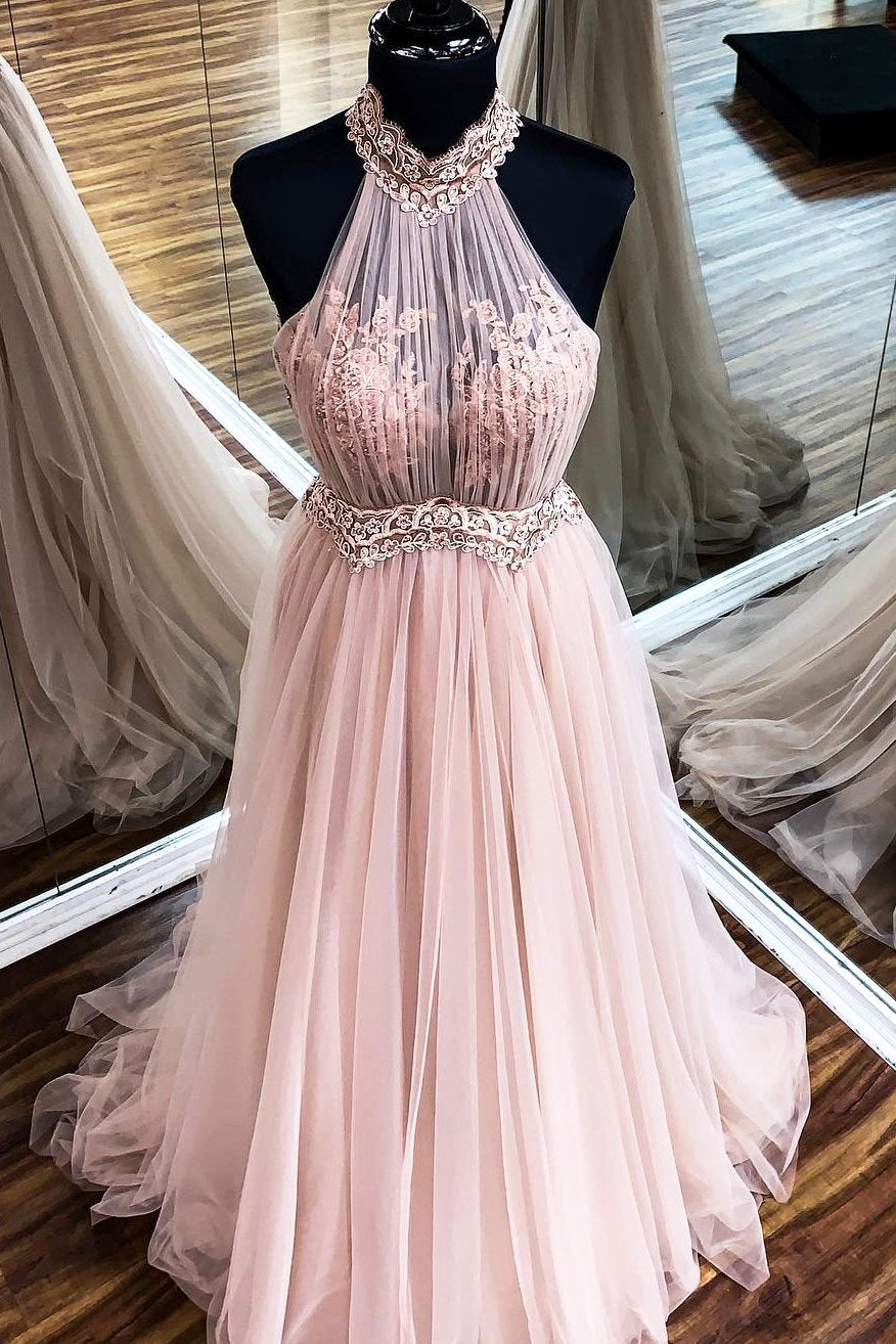 Chic halter formal prom dress tulle lace appliques a line evening dress mg240