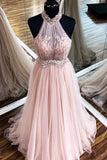 Chic halter formal prom dress tulle lace appliques a line evening dress mg240