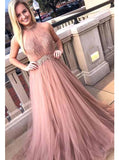 Chic halter formal prom dress tulle lace appliques a line evening dress mg240