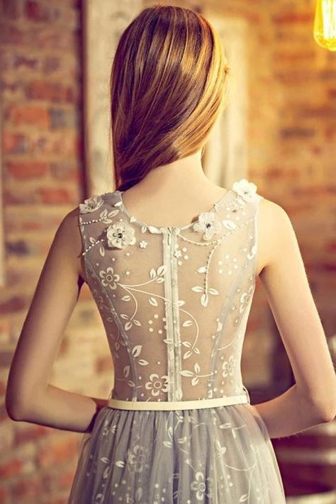 A line silver long prom dress tulle v-neck formal dress mg243