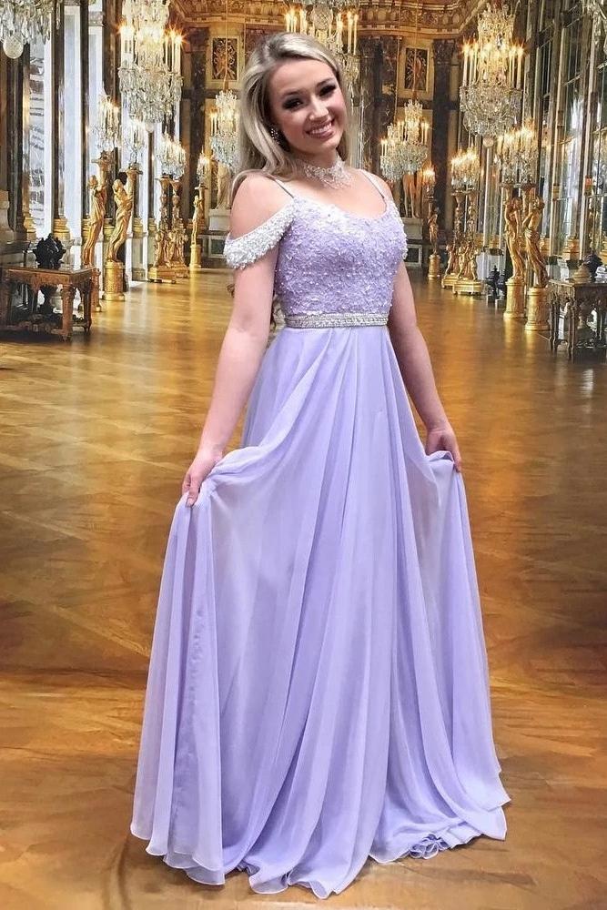 A-line lilac long prom dresses chiffon evening dress with beading mg276