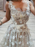 A line square long prom dress with appliques, straps formal evening dress mg279