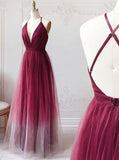 Burgundy v-neck tulle ombre long prom dresses backless evening dress mg263