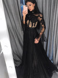 Black lace long sleeve prom dresses tulle high neck evening dress mg268