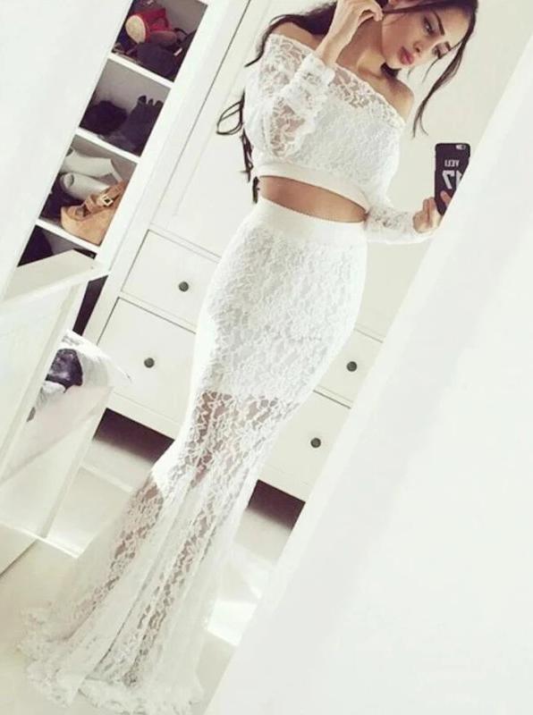 Off shoulder long sleeves mermaid lace prom dresses two piece evening dress mg285