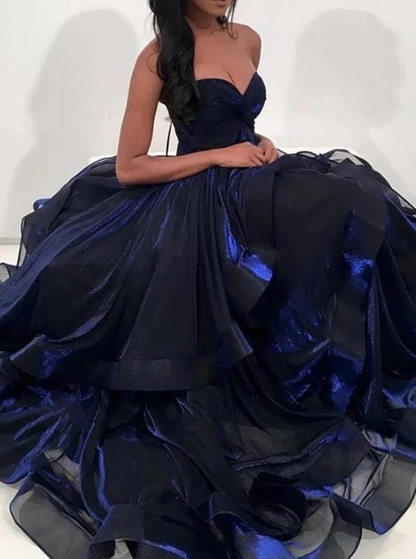 Sweetheart dark royal blue prom dresses organza long formal dress mg266
