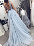 Tulle light blue long prom dress a line long beading formal dress mg265