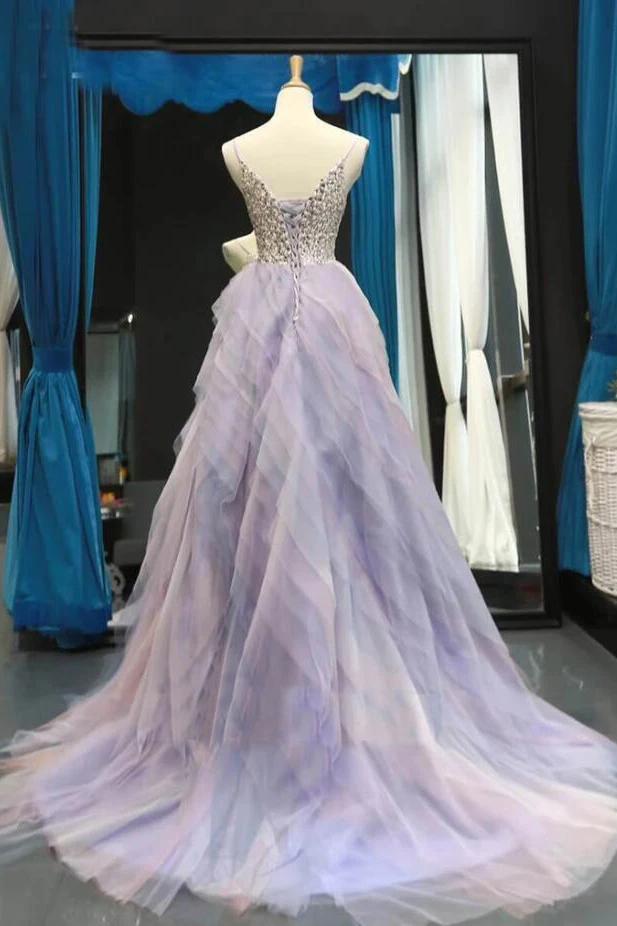 A line v-neck tulle ombre prom dresses beading long evening dress mg267