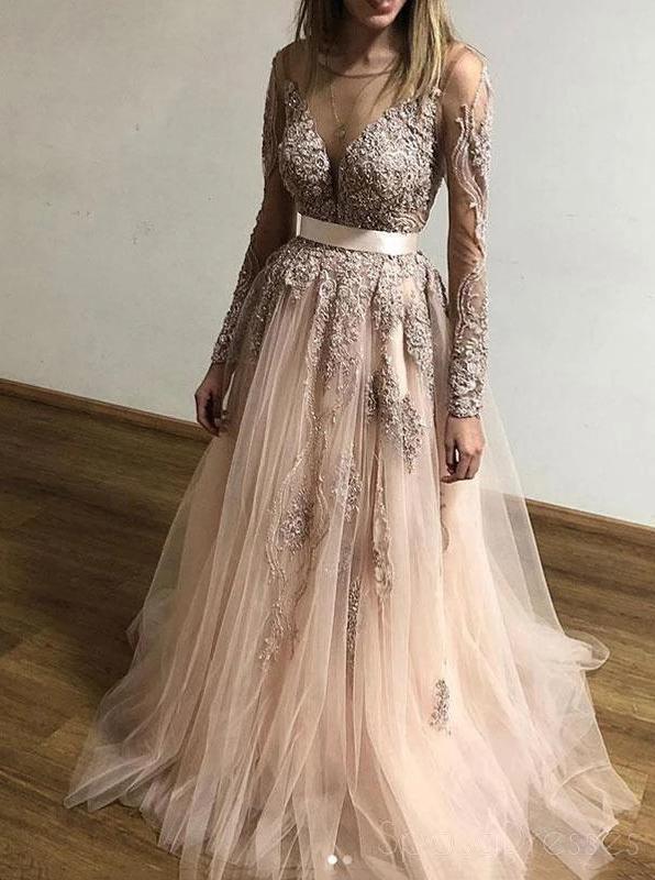 Sheer round neck lace long sleeves tulle prom party dresses mg248