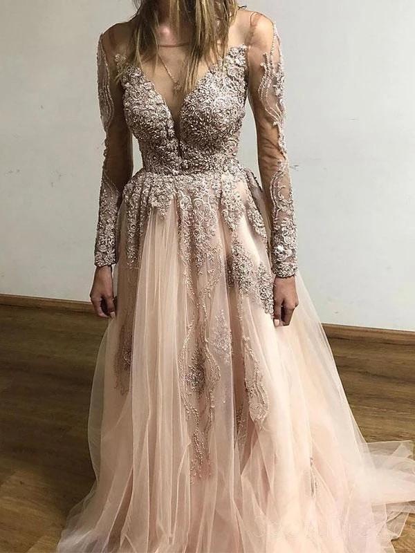 Sheer round neck lace long sleeves tulle prom party dresses mg248