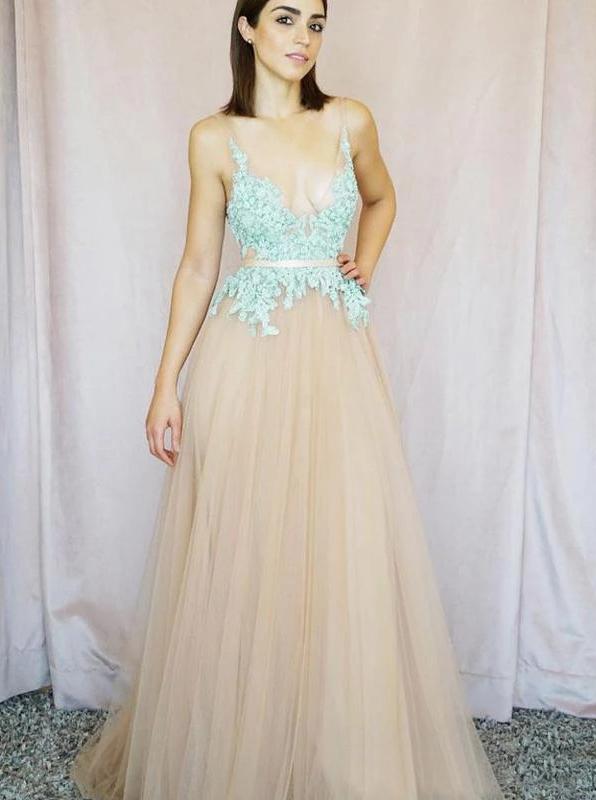 Sexy deep v-neck tulle long prom dresses lace appliques evening gowns mg245