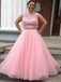 Pink tulle keyhole back long plus size prom dress with beading mg260