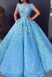 Ice Blue Floral Appliques Ball Gown Prom Dresses, Cap Sleeves Quinceanera Dresses MP92
