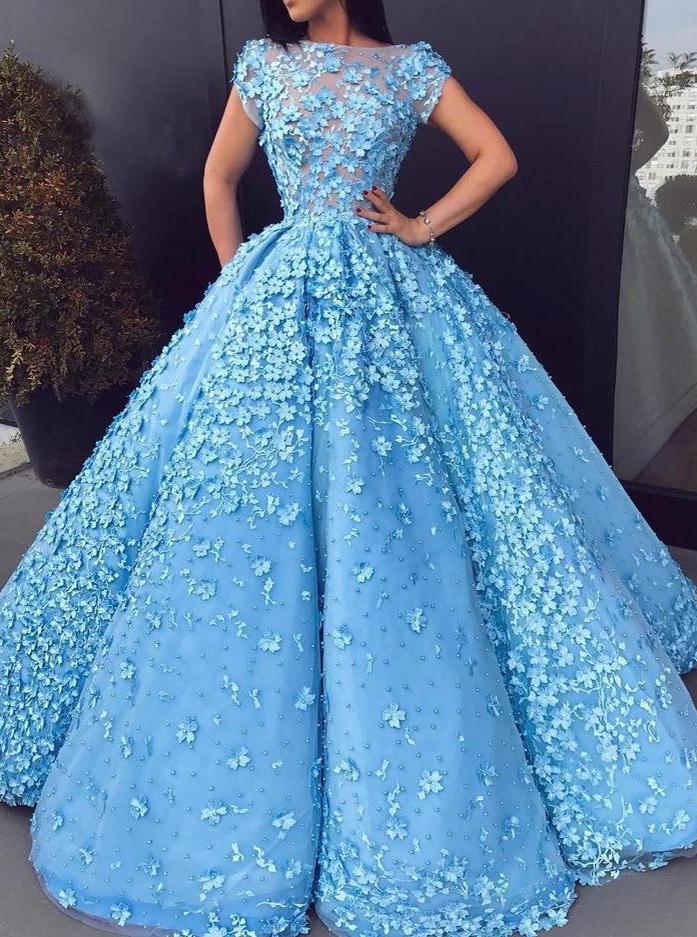 Ice Blue Floral Appliques Ball Gown Prom Dresses, Cap Sleeves Quinceanera Dresses MP92