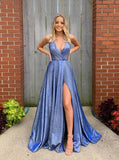 A-line V-neck Blue Long Prom Dresses Formal Gown With Split MP41