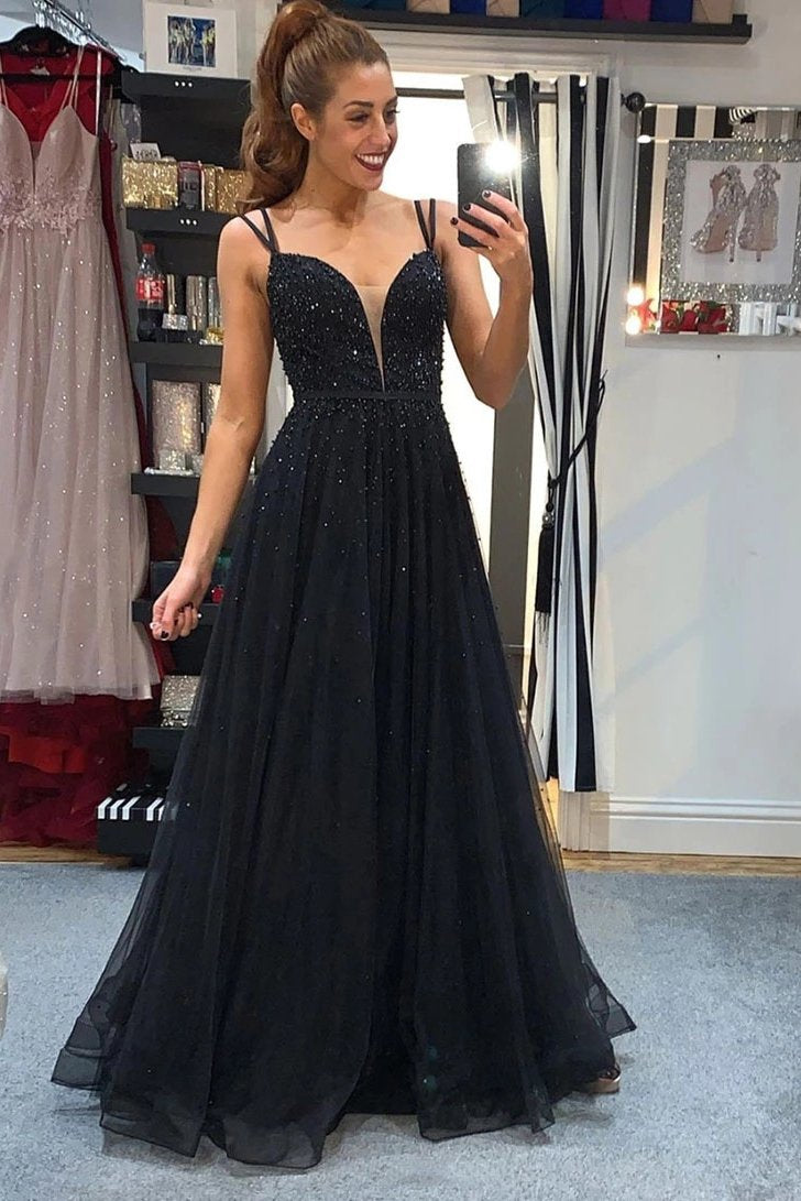 A-line V-neck Tulle Black Prom Dresses Backless Formal Gown With Beading MP42
