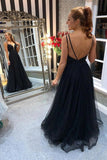 A-line V-neck Tulle Black Prom Dresses Backless Formal Gown With Beading MP42