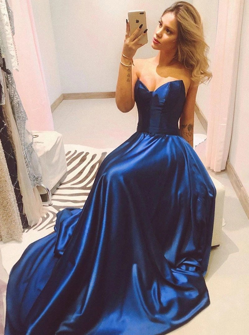 Simple Satin Dark Royal Blue Strapless Long Prom Evening Dresses MP39